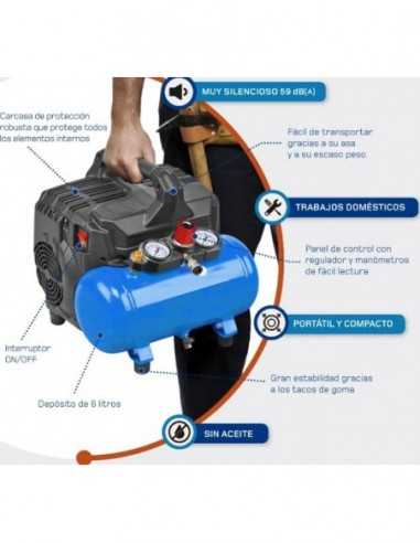 Compresseur portable monophasé sans huile 1 CV 6 litres