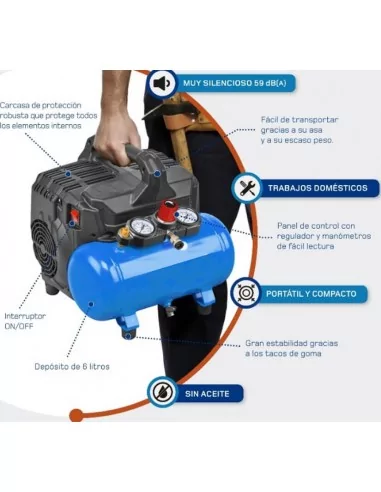 Compresseur portable monophasé sans huile 1 CV 6 litres