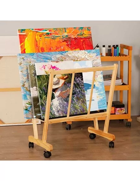 Suporte de madeira com rodas para quadros e obras de arte – Armazenamento e exposição