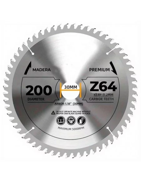 DISCO DE WIDIA PARA CORTE DE MADERA CALIDAD STANDARD | DIAMETRO 200 mm AGUJERO 30 mm Z 64 DIENTES DISCO DE WIDIA PARA CORTE DE MADERA CALIDAD STANDARD | DIAMETRO 200 mm AGUJERO 30 mm Z 64 DIENTES