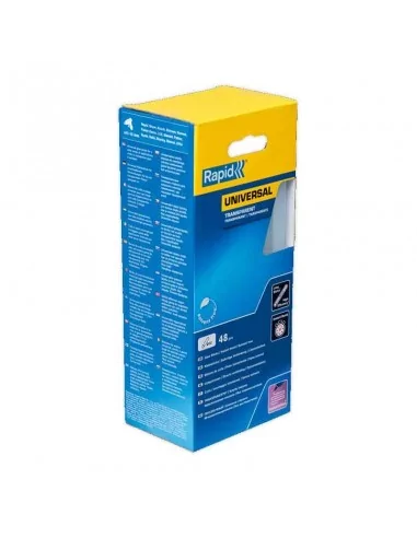 COLA TERMOFUSIBLE BARRAS DE COLA CALIENTE | 190mm Ø12mm TRANSPARENTE UNIVERSAL | CAJA 48 BARRAS 880gr RAPID 5001411 COLA TERMOFUSIBLE BARRAS DE COLA CALIENTE | 190mm Ø12mm TRANSPARENTE UNIVERSAL | CAJA 48 BARRAS 880gr RAPID 5001411