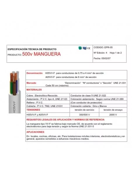 Cabo elétrico flexível branco 3G1,5 mm – Mangueira H05VV-F 500V cobre