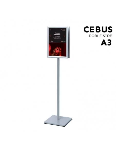 Expositor de pie doble cara DIN A3 – Modelo CEBUS con base cuadrada