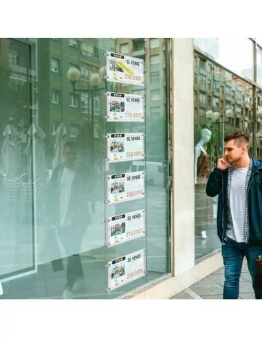 Soporte de carteles para escaparates de inmobiliarias – DIN A4 Horizontal – 6 bolsillos
