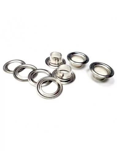 Œillets métalliques avec rondelle pour presse automatique - Laiton chromé (500 pcs) Œillets métalliques avec rondelle pour presse automatique - Laiton chromé (500 pcs)