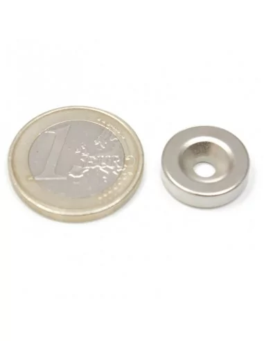 Aro avellanado de neodimio ⌀15 × 4 mm N35 (con agujero ⌀4) cara Norte Aro avellanado de neodimio ⌀15 × 4 mm N35 (con agujero ⌀4) cara Norte