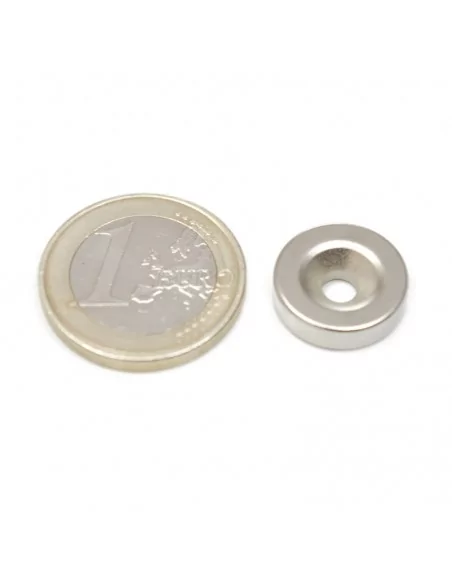 Aro avellanado de neodimio ⌀15 × 4 mm N35 (con agujero ⌀4) cara Sur Aro avellanado de neodimio ⌀15 × 4 mm N35 (con agujero ⌀4) cara Sur