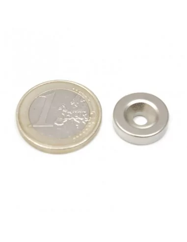Aro avellanado de neodimio ⌀15 × 4 mm N35 (con agujero ⌀4) cara Sur Aro avellanado de neodimio ⌀15 × 4 mm N35 (con agujero ⌀4) cara Sur