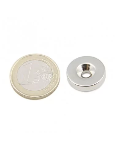 Aro avellanado de neodimio ⌀18 × 4 mm N35 (con agujero ⌀4) cara Norte