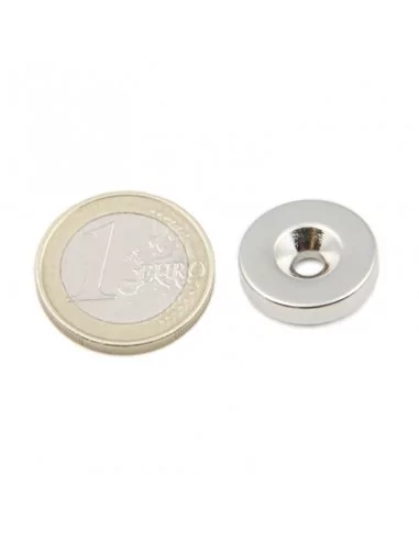 Aro avellanado de neodimio ⌀18 × 4 mm N35 (con agujero ⌀4) cara Sur Aro avellanado de neodimio ⌀18 × 4 mm N35 (con agujero ⌀4) cara Sur