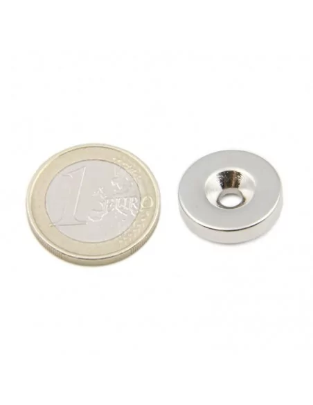 Aro avellanado de neodimio ⌀18 × 4 mm N35 (con agujero ⌀4) cara Sur Aro avellanado de neodimio ⌀18 × 4 mm N35 (con agujero ⌀4) cara Sur