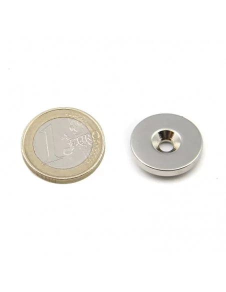 Aro avellanado de neodimio ⌀20 × 3 mm N42 (con agujero ⌀4) cara Sur Aro avellanado de neodimio ⌀20 × 3 mm N42 (con agujero ⌀4) cara Sur