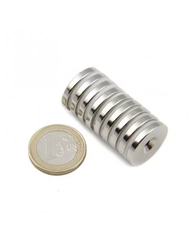 Aro avellanado de neodimio ⌀20 × 3 mm N42 (con agujero ⌀4) cara Sur Aro avellanado de neodimio ⌀20 × 3 mm N42 (con agujero ⌀4) cara Sur