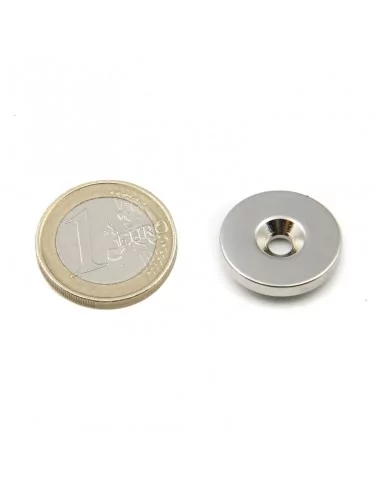 Aro avellanado de neodimio ⌀20 × 3 mm N42 (con agujero ⌀4) cara Sur Aro avellanado de neodimio ⌀20 × 3 mm N42 (con agujero ⌀4) cara Sur