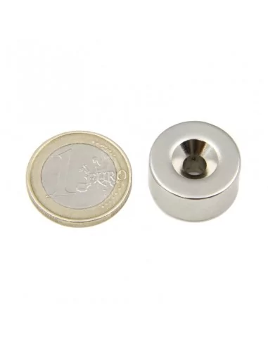Aro avellanado de neodimio ⌀20 × 10 mm N35 cara Norte (con agujero ⌀5)