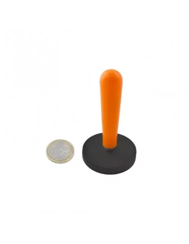 Íman revestido de borracha de neodímio ⌀43 × 6 mm com mango N35 Íman revestido de borracha de neodímio ⌀43 × 6 mm com mango N35