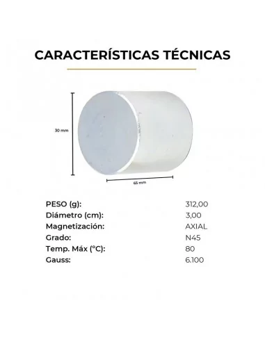 Disco de neodimio ⌀30 × 30 mm N45 baño Zn Disco de neodimio ⌀30 × 30 mm N45 baño Zn