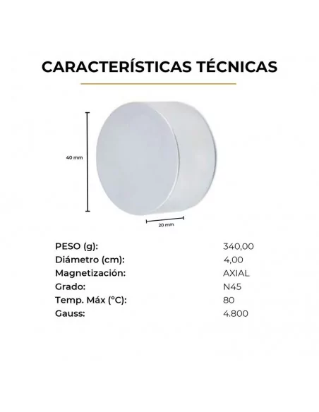 Disco de neodimio ⌀40 × 20 mm N45 baño Zn