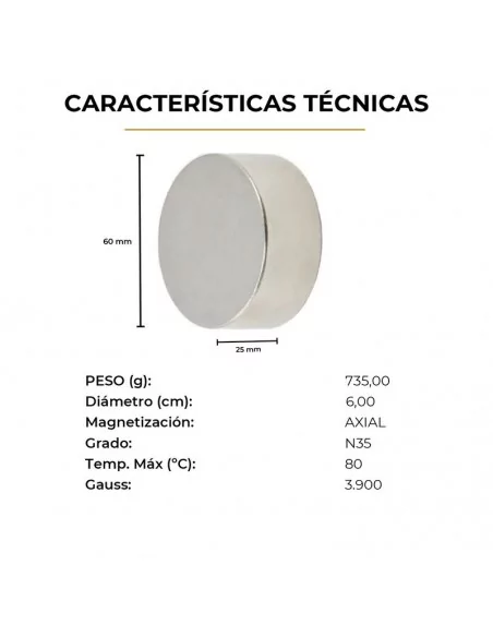 Disque en néodyme ⌀60 × 25 mm N35