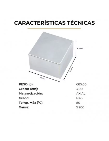 Bloco de neodímio 45 × 45 × 30 mm N45