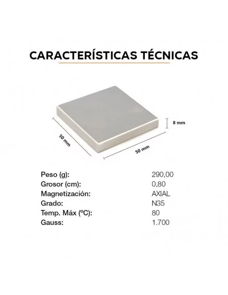 Bloco de neodímio 50×50×8 mm N35