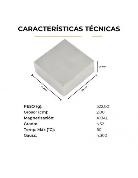 Bloco de neodímio 50×50×20 mm N52
