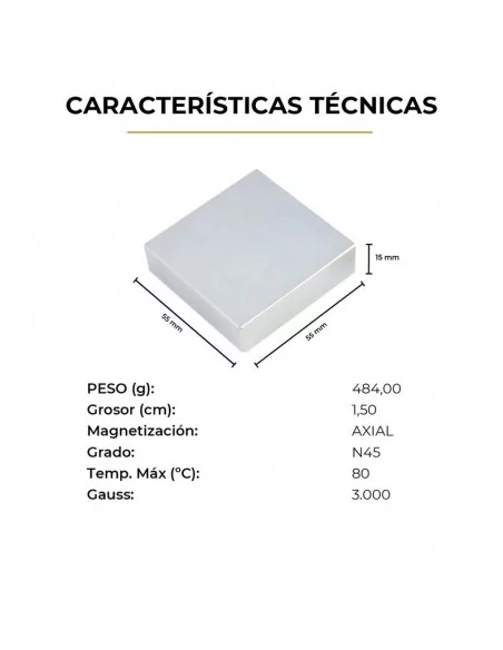Bloco de neodímio 55×55×15 mm N45