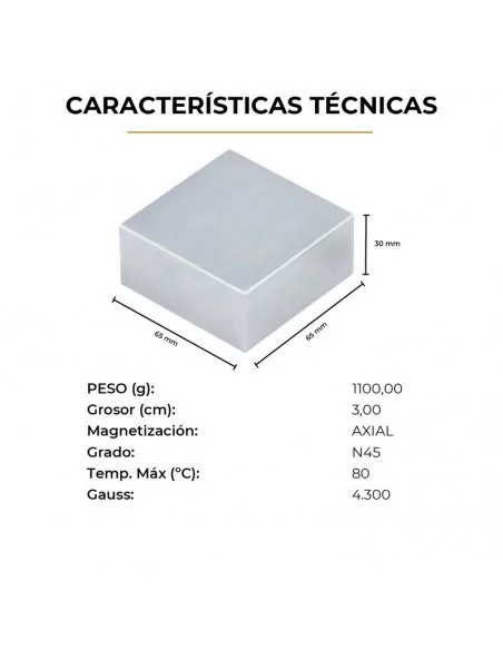 Bloco de neodímio 65×65×30 mm N45
