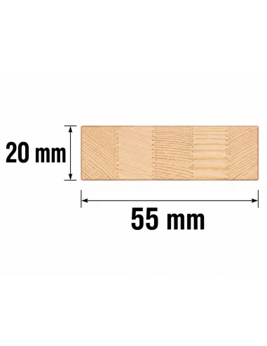 Listón de Madera Pino Joint Finger 55x20 mm - esquema con medidas