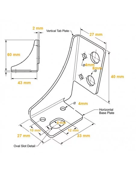Escuadra metálica conector ángulo para perfiles de aluminio. 60 x 40 mm