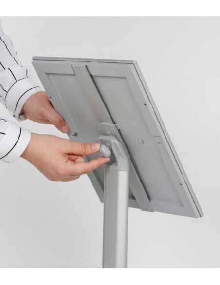 PORTE-MENU INCLINÉ EN ARGENT.A4 ET A3.AVEC PIED ET BASE.MODÈLE ALICE.CADRE 25mm