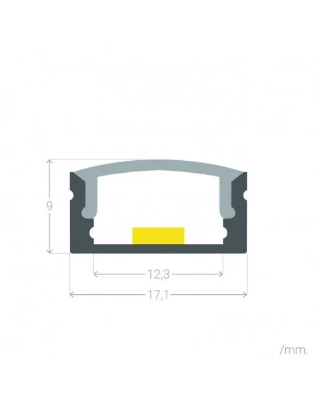 PERFIL ALUMINIO MONTAJE EN SUPERFICIE CON TAPA DIFUSORA PARA TIRAS LED HASTA 12mm ANCHO