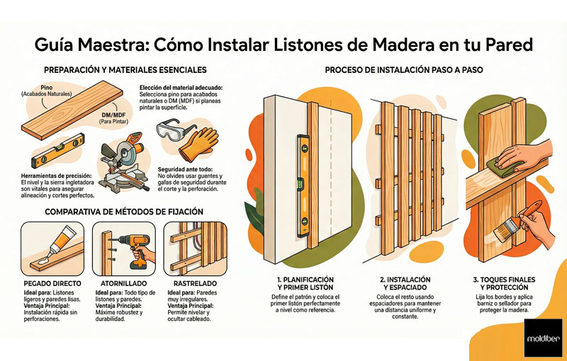 Kit de matériaux pour poser des tasseaux de bois au mur comprenant un adhésif de montage professionnel, un niveau, un mètre et des tasseaux en pin de Moldiber.