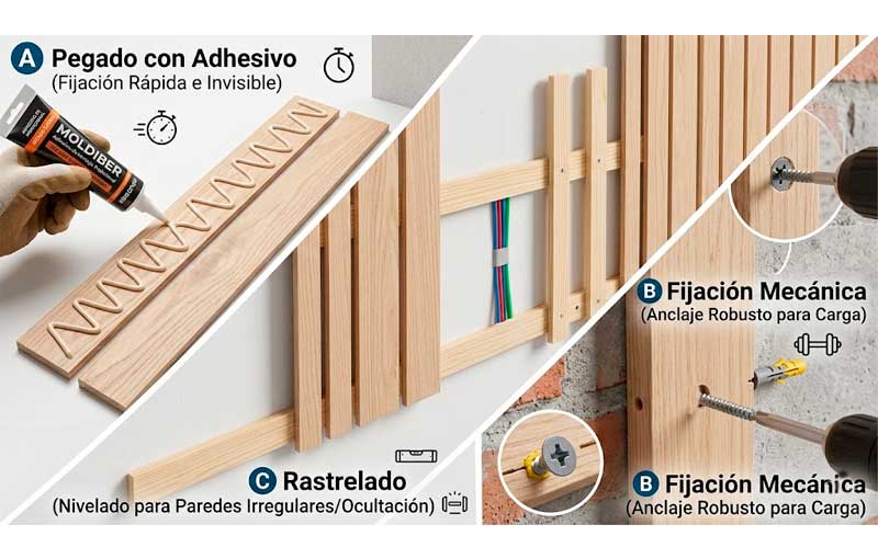 Infographie technique montrant trois façons de fixer des tasseaux décoratifs : collage avec adhésif, vissage direct et système de tasseautage sur mur.