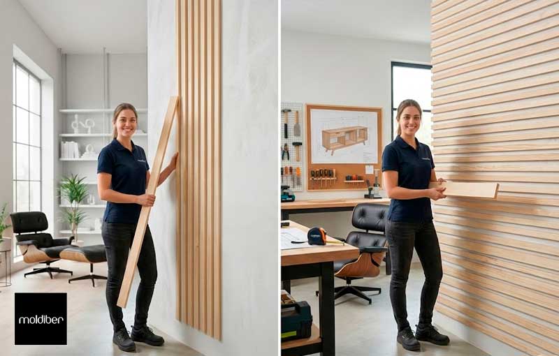 Comparaison de décoration d’intérieur : mur d’accent avec tasseaux de bois en position verticale pour gagner de la hauteur versus disposition horizontale.